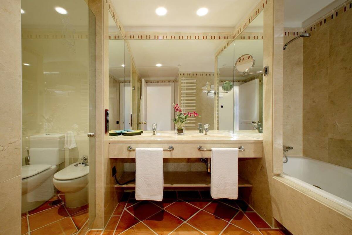 free toiletries, hair dryer, bidet, towels