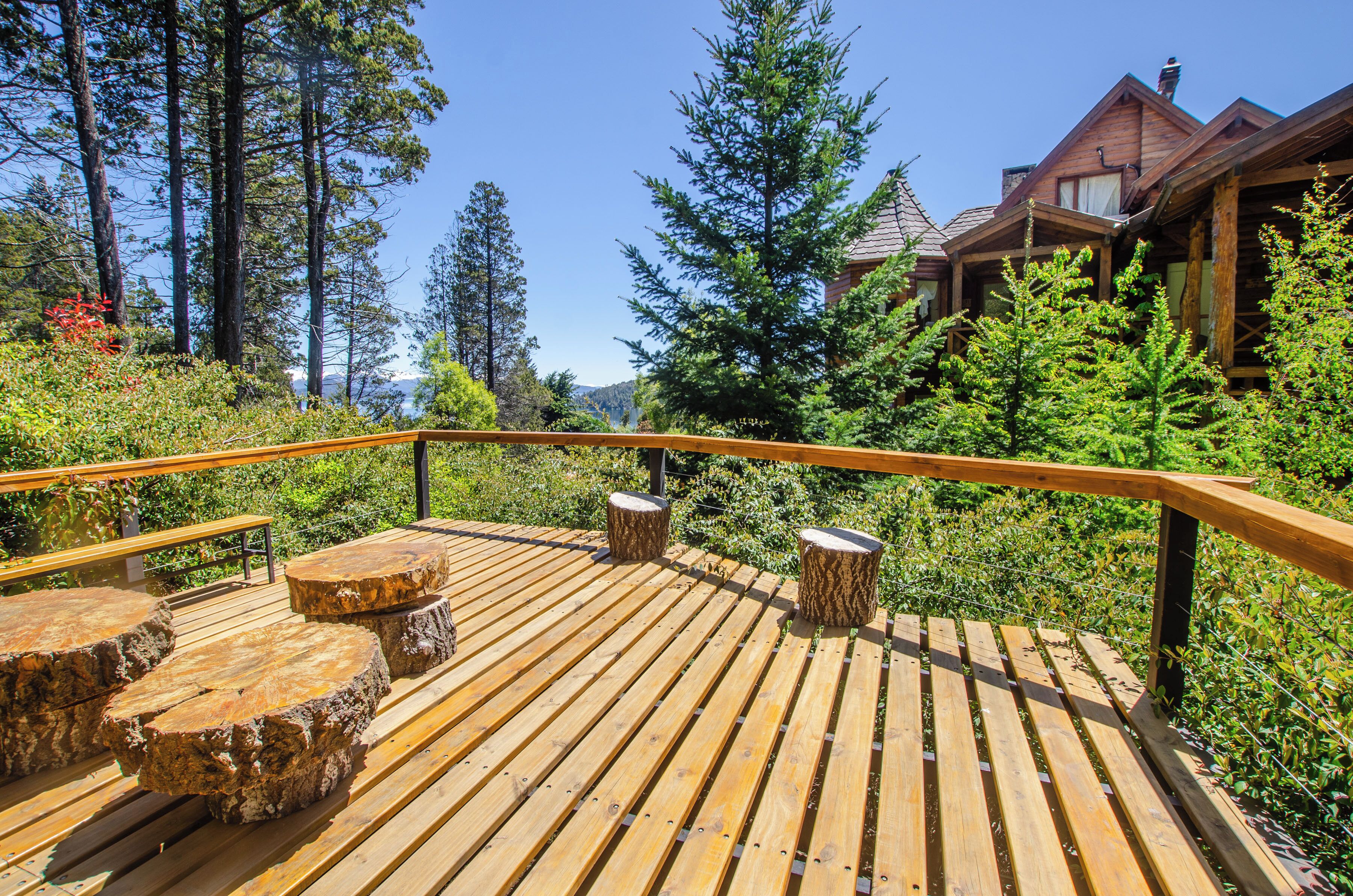 A wooden deck with benches and tree stump stools, surrounded by lush greenery and tall trees.