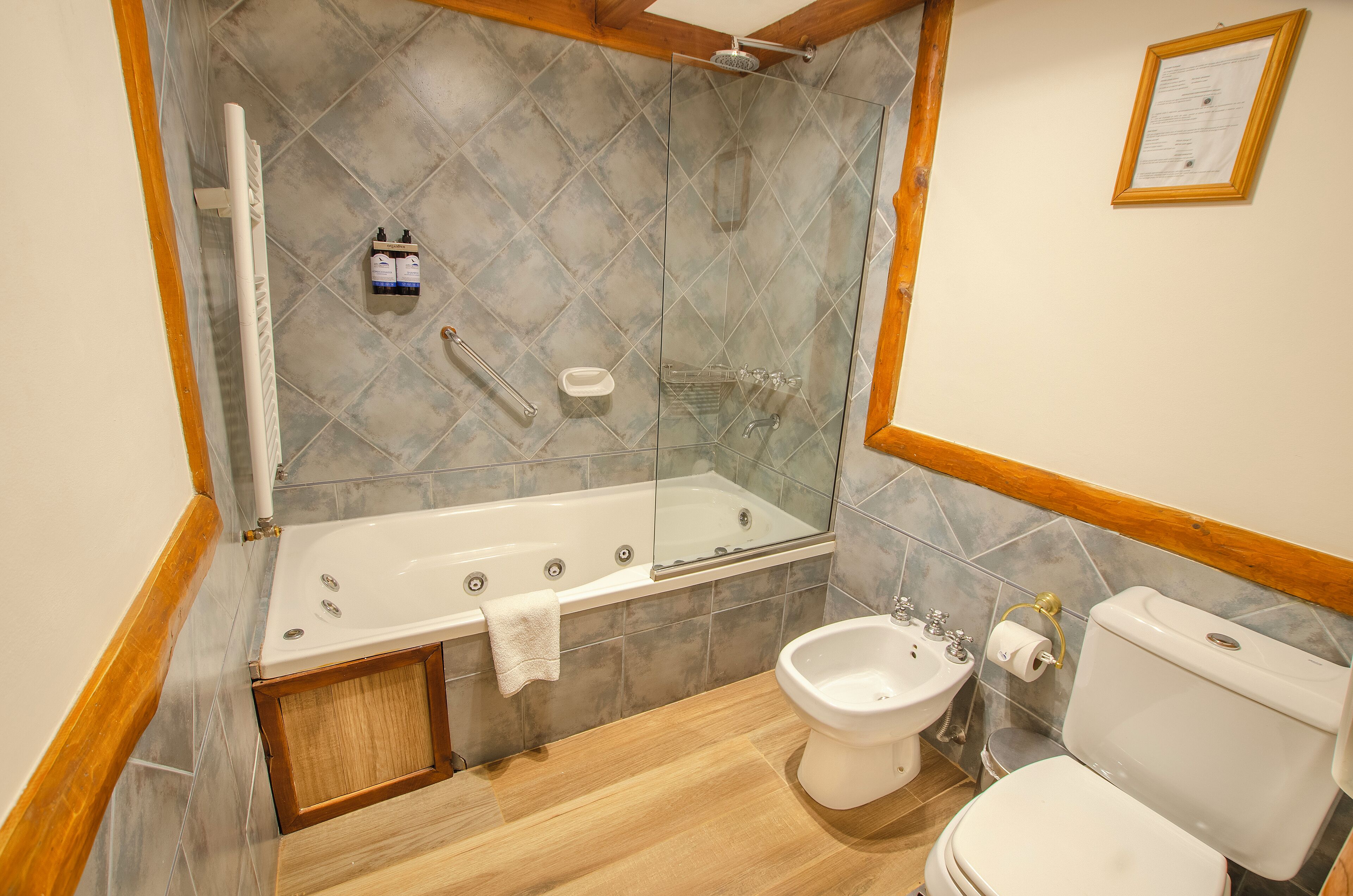 Une salle de bain moderne dotée d’une douche à parois de verre, d’une baignoire, d’un bidet et de toilettes.