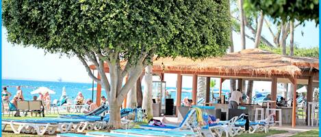 Un resort frente a la playa con sillones de descanso, una zona de bar y vista al océano.