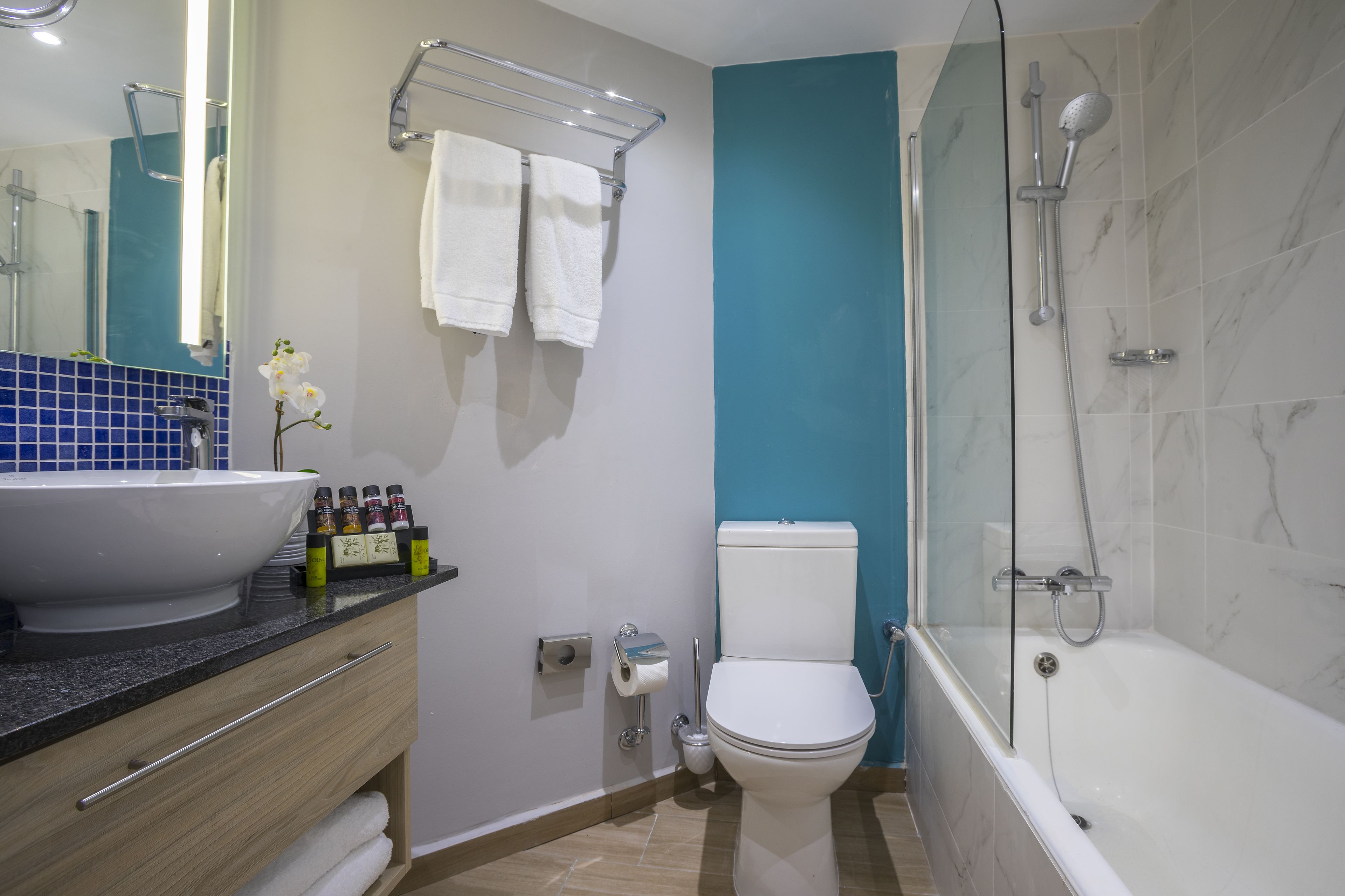 standard double or twin room, sea view | bathroom | bathtub, hair dryer, slippers, towels