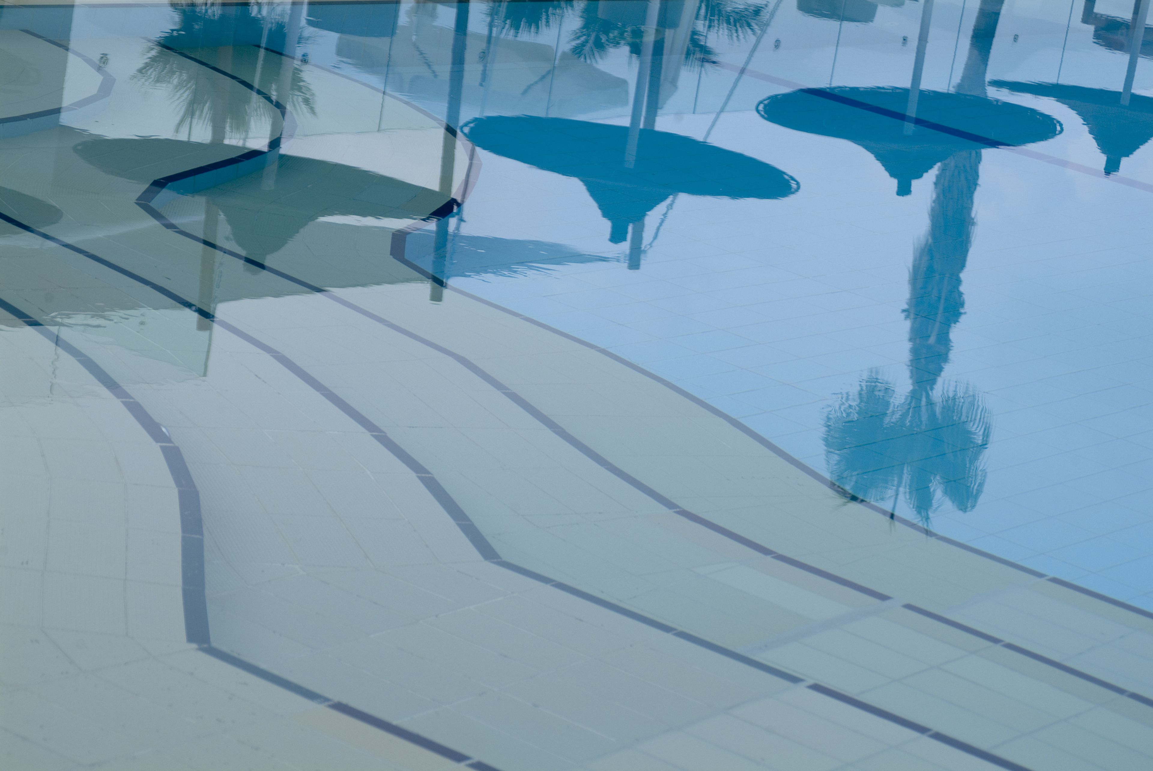 A reflective floor with geometric patterns and a clear reflection of palm trees.