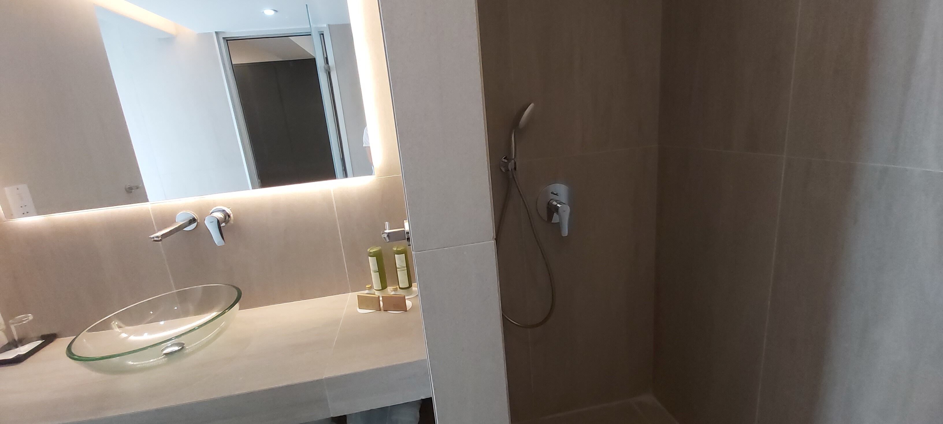 Ein modernes Badezimmer mit einem Waschbecken aus Glas, einer Duschbrause und einem Spiegel.