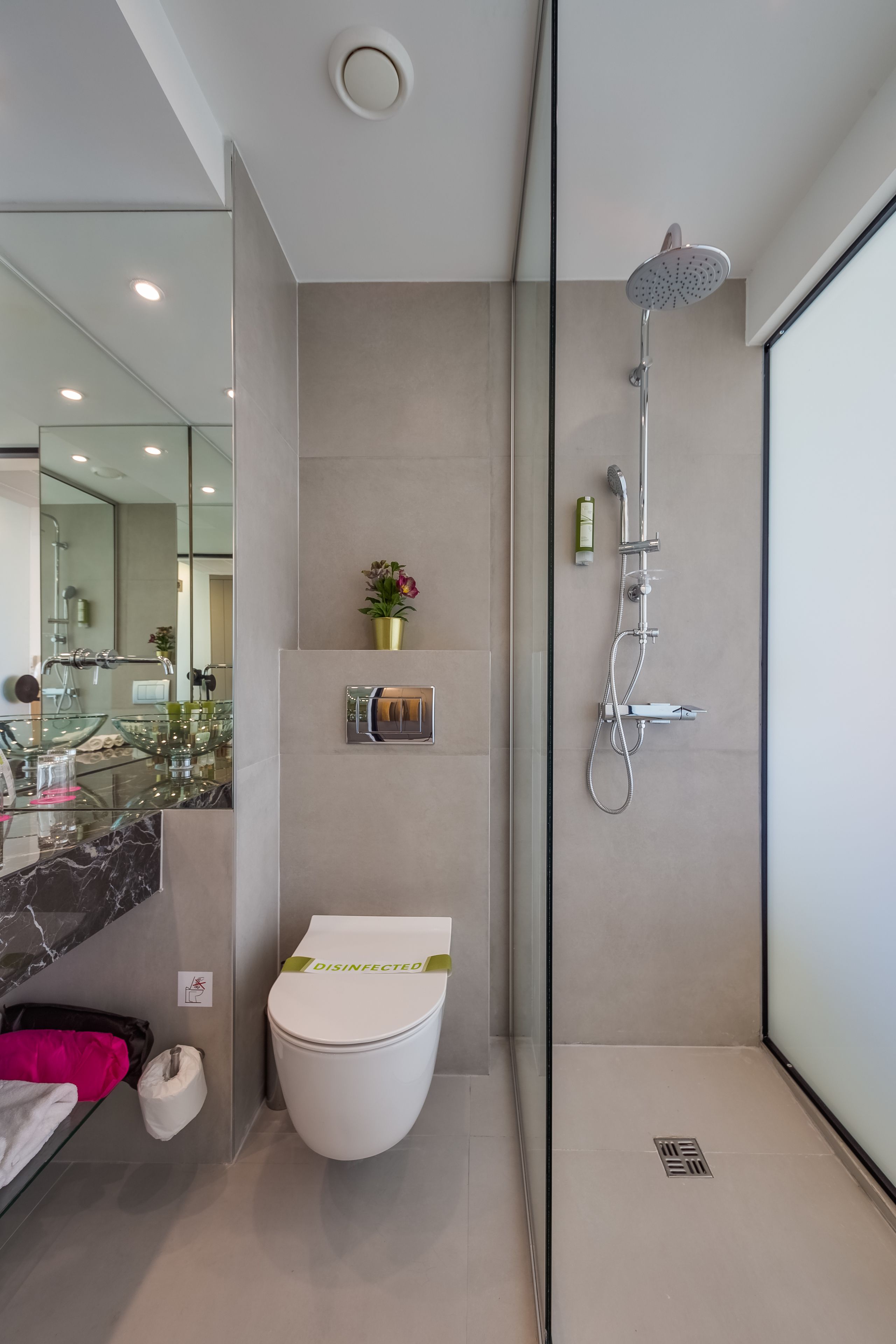 A modern bathroom with a glass shower enclosure, a toilet, and a vanity with a mirror.