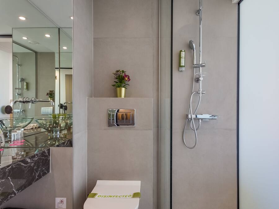 A modern bathroom with a glass shower enclosure, a toilet, and a vanity with a mirror.
