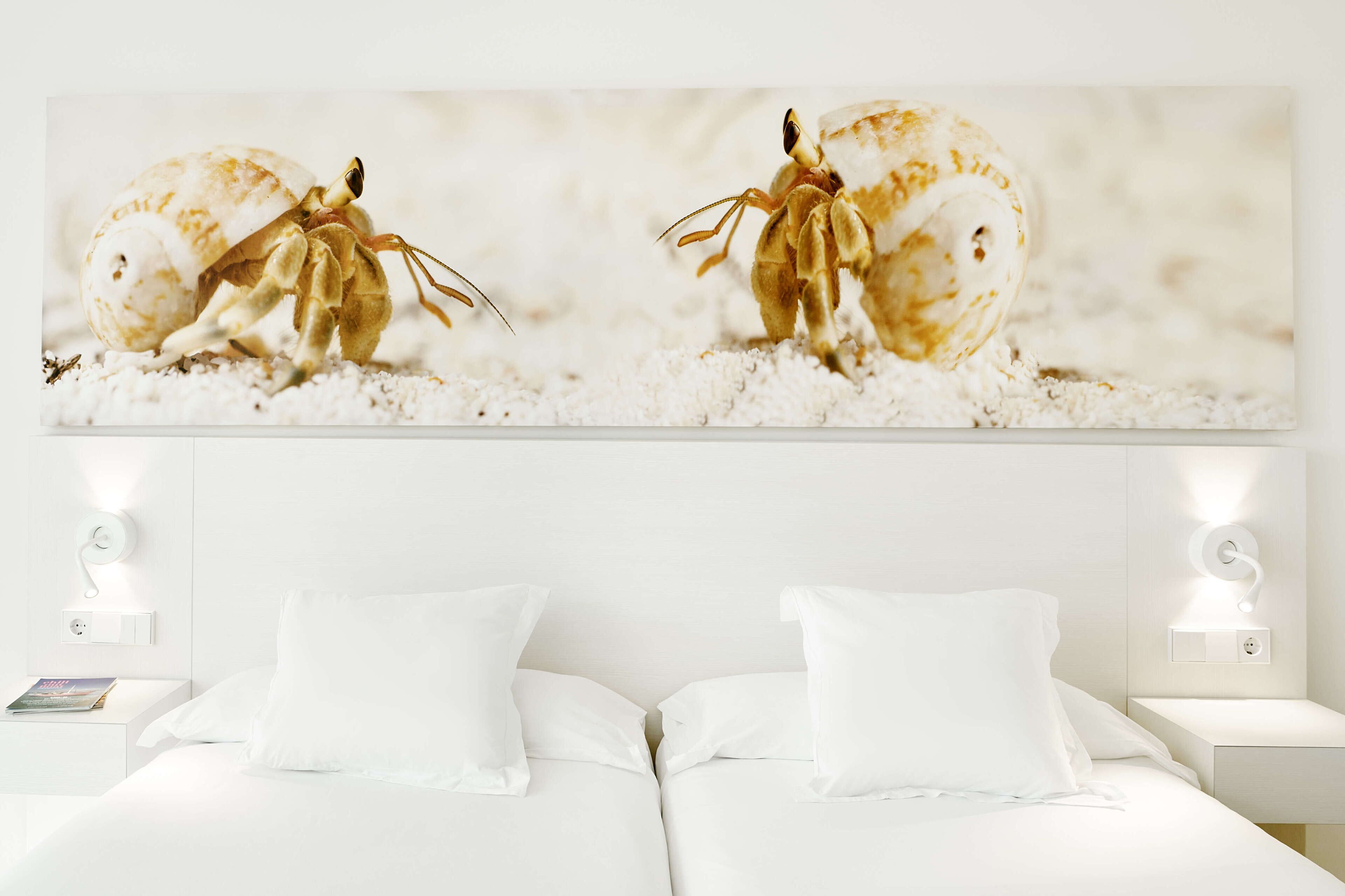 Habitación de hotel con una cama grande, ropa de cama blanca y una obra de arte en la pared de cangrejos ermitaños.