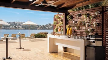 An outdoor bar area with a view of the sea, a wooden wall with potted plants, and a ceiling fan.