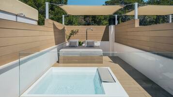 A modern outdoor pool area with a glass-enclosed hot tub, wooden deck, and a canopy providing shade.