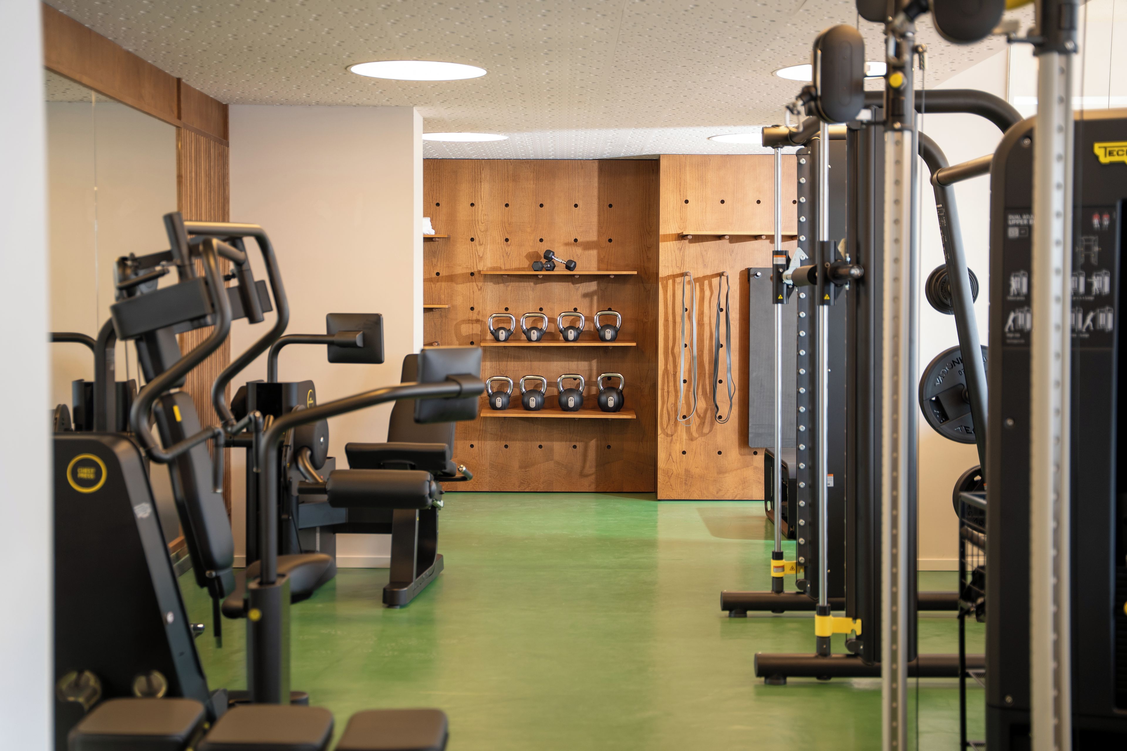 A gym with exercise equipment, a green floor, and wooden walls with shelves holding weights.