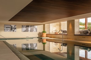 A modern indoor pool with clear water, wooden ceiling, and large windows.