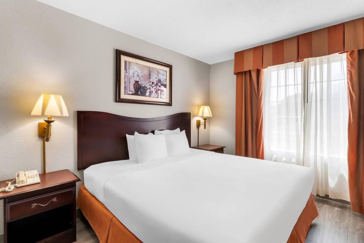 A hotel room with a large bed, two bedside tables with lamps, a framed picture on the wall, and a window with curtains.