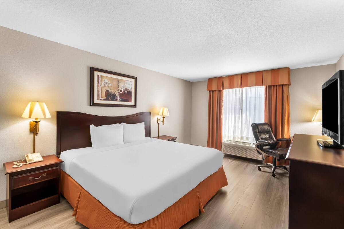 A hotel room with a large bed, two bedside lamps, a desk with a chair, a television, and a framed picture on the wall.