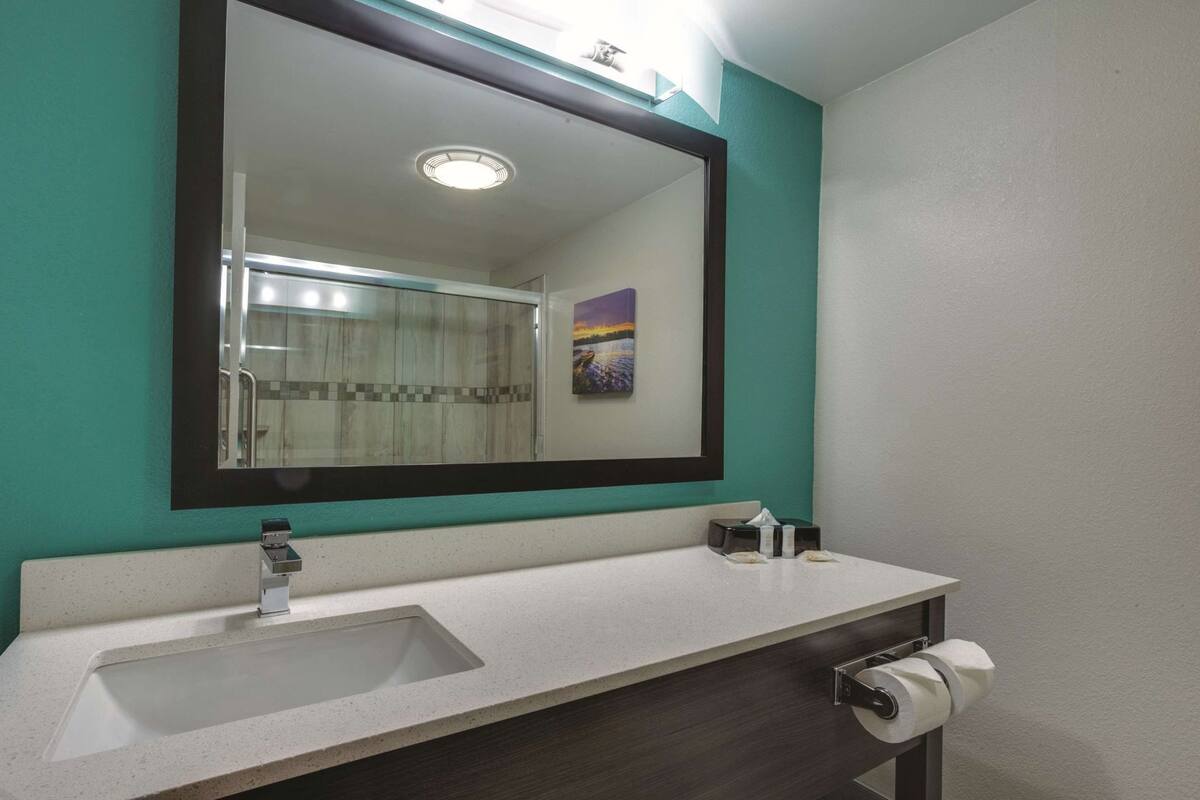 Une salle de bain équipée d’un lavabo, d’un miroir et d’un porte-rouleau de papier toilette.