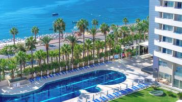 Utomhuspool, parasoller och solstolar