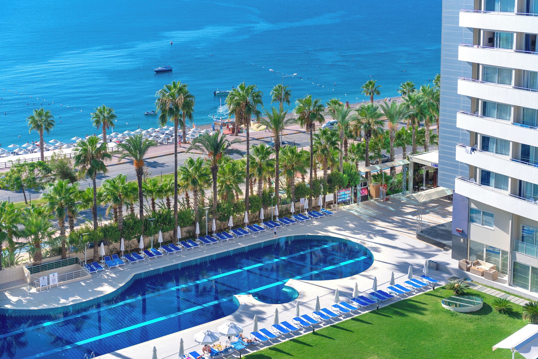 Outdoor pool, pool umbrellas, pool loungers