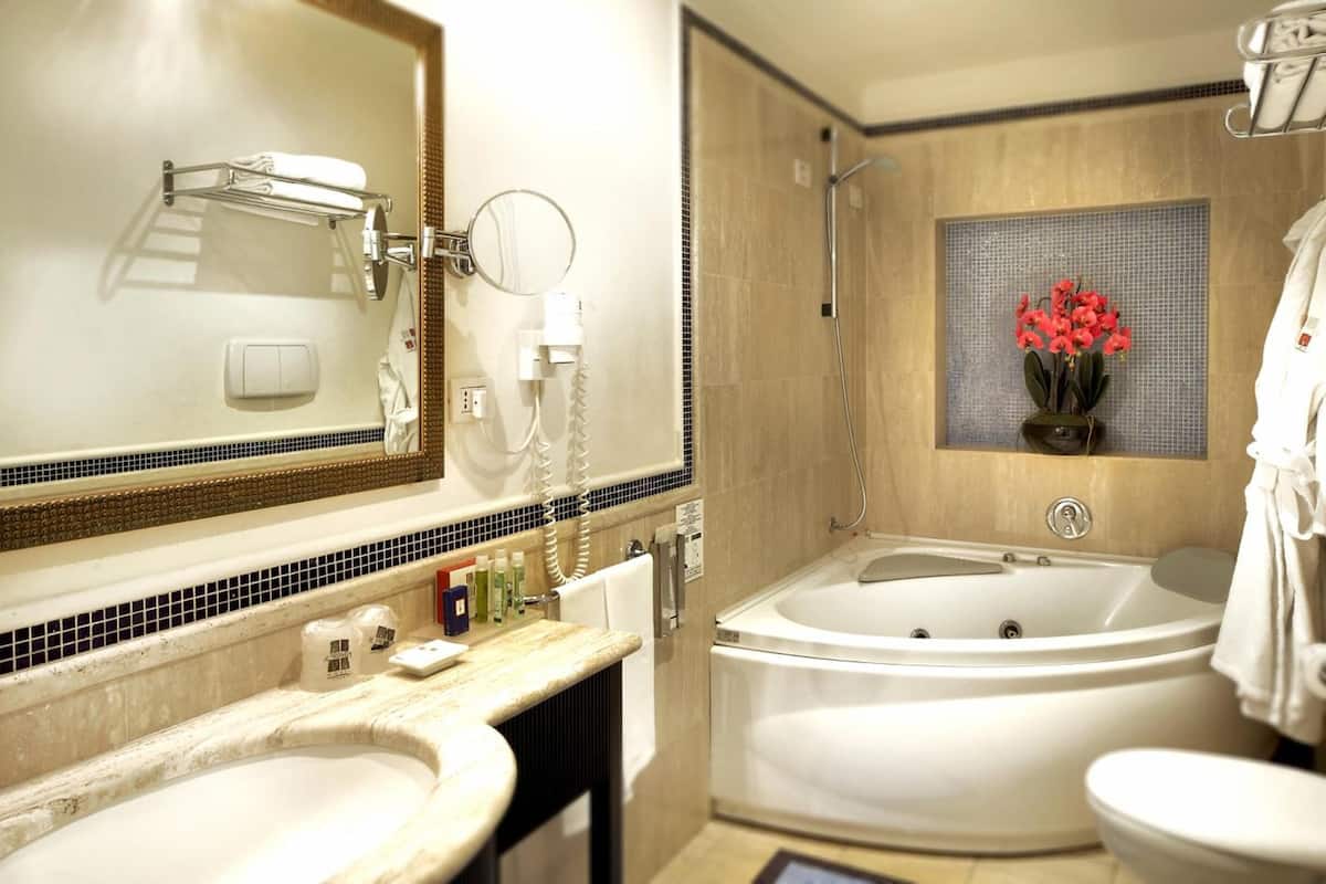 free toiletries, hair dryer, bidet, towels