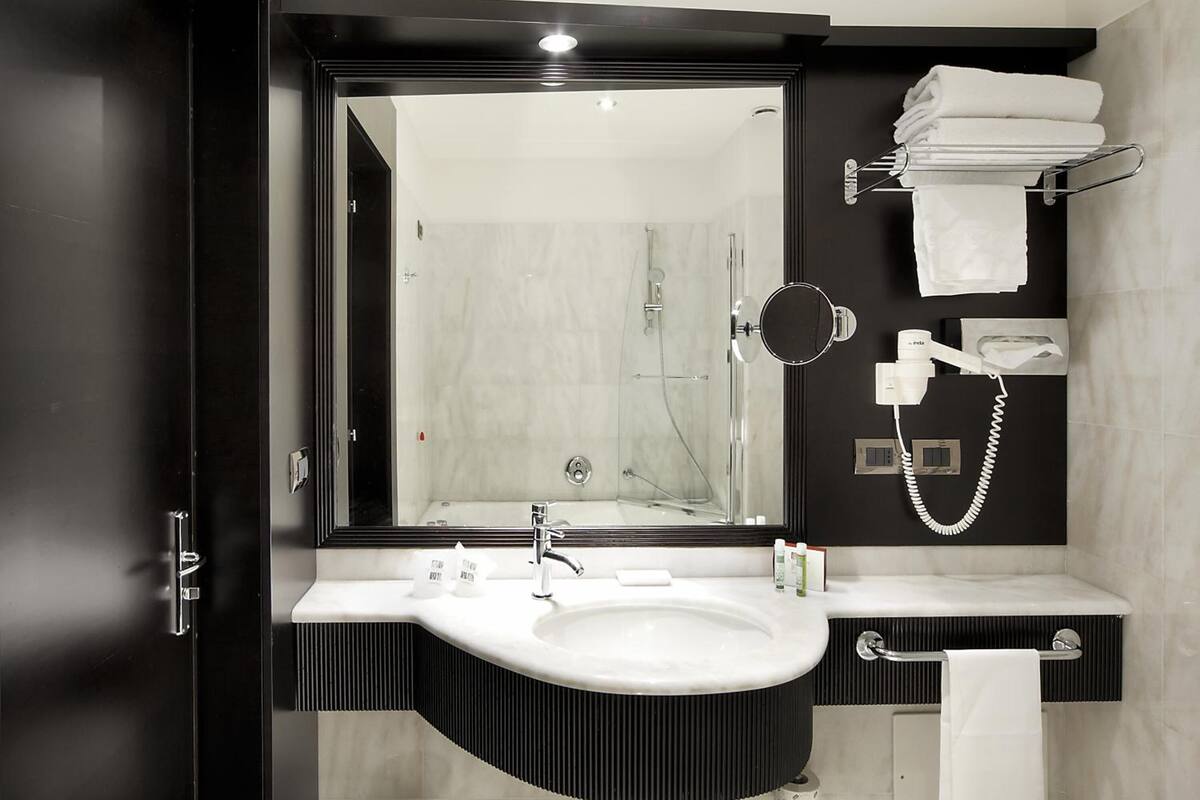 free toiletries, hair dryer, bidet, towels