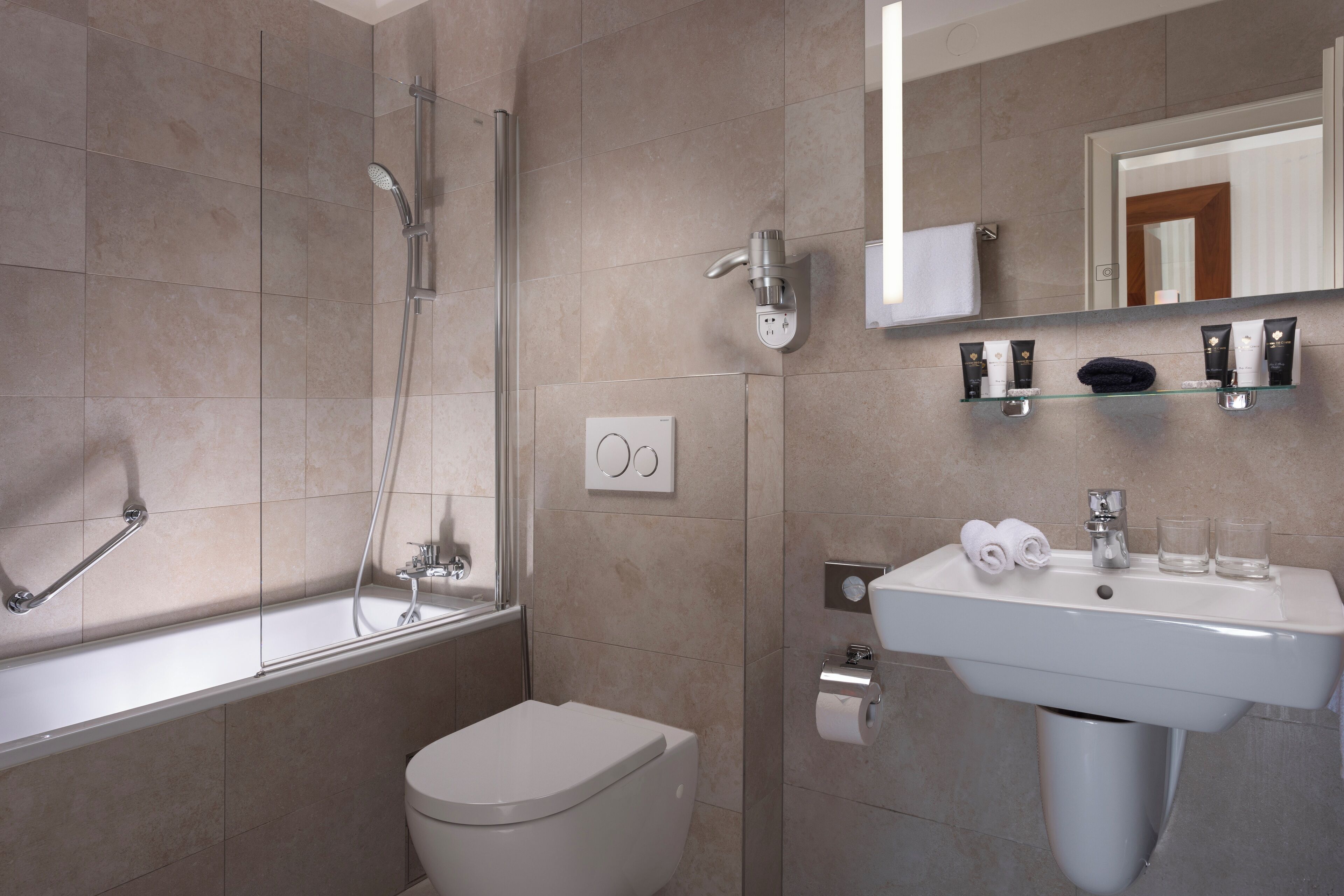 free toiletries, hair dryer, bathrobes, slippers