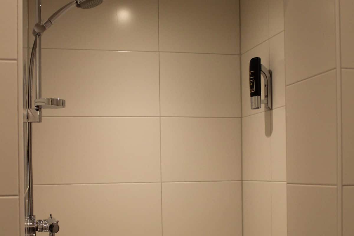 A small, modern shower room with a handheld showerhead and a wall-mounted control panel.