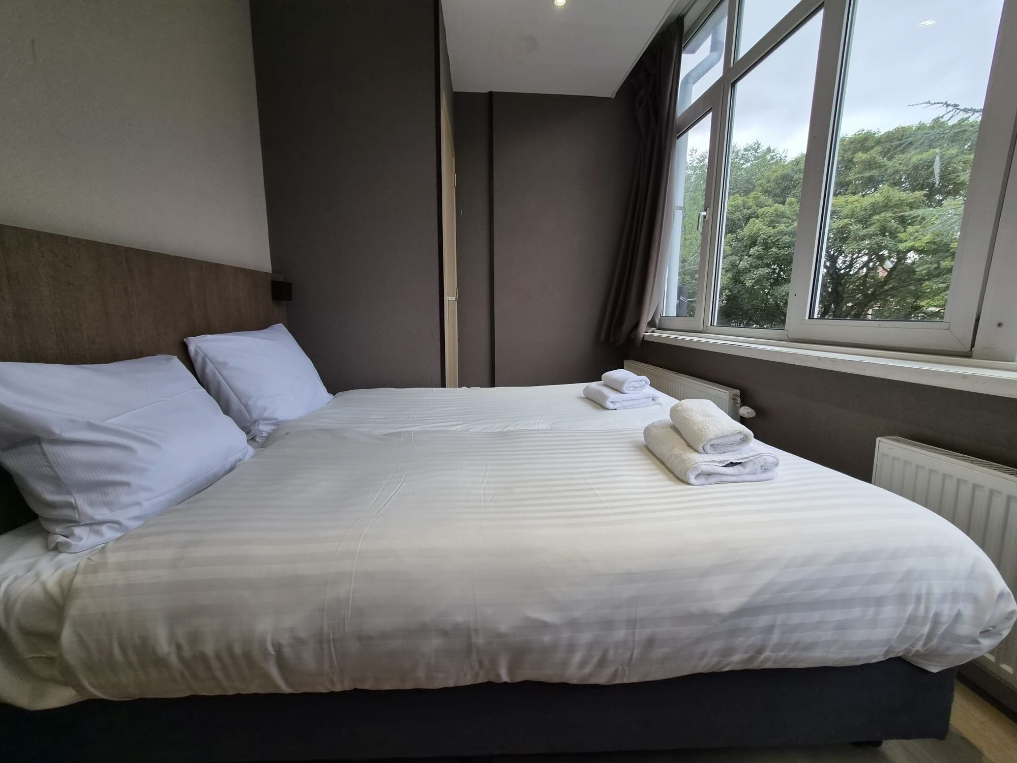 A hotel room with a large bed, a window with a view of trees, and a radiator.
