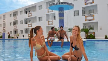 Outdoor pool, pool umbrellas, pool loungers