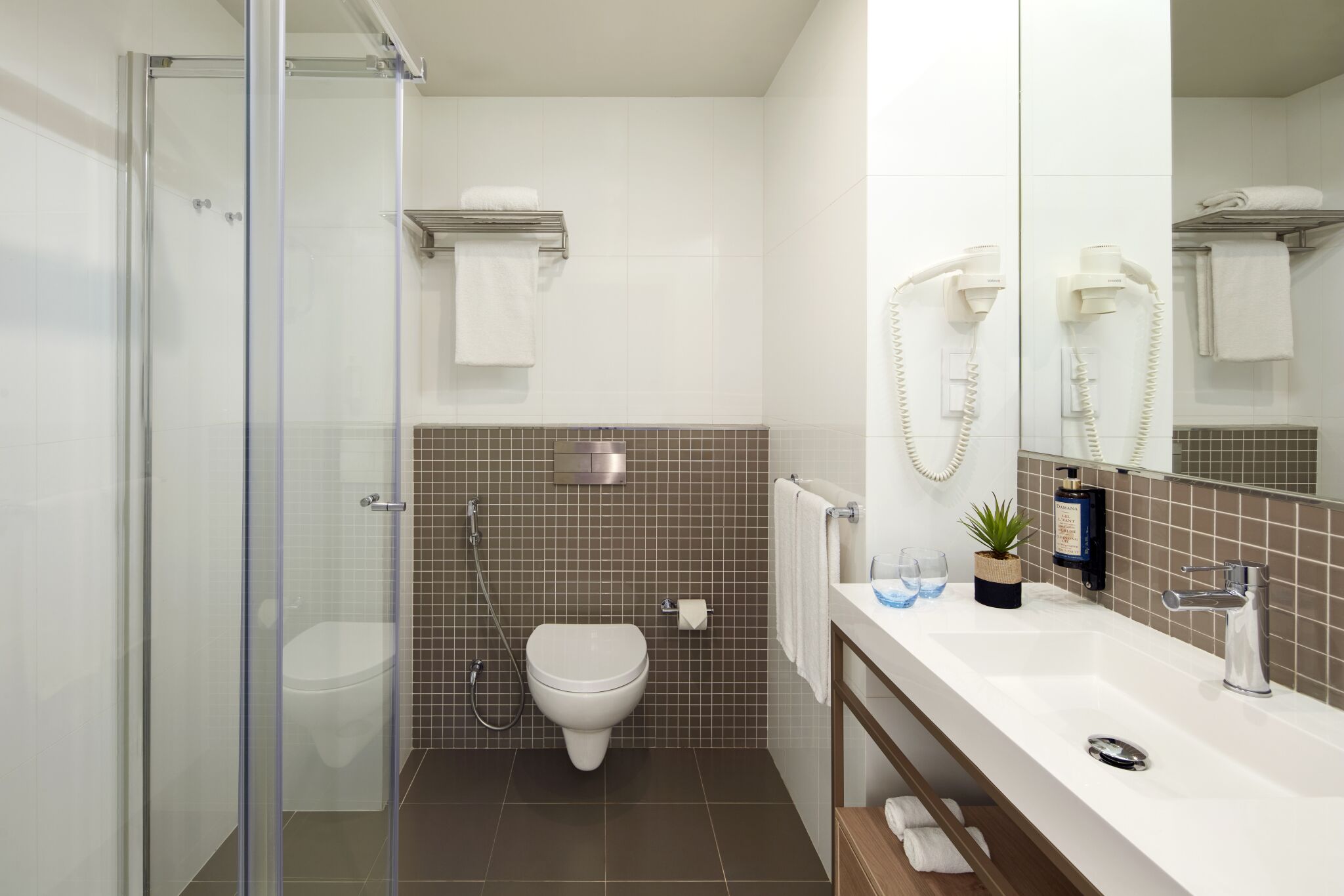 shower, free toiletries, hair dryer, towels