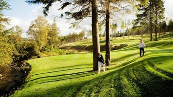 Golfers enjoy a serene round on this well-manicured course surrounded by trees.