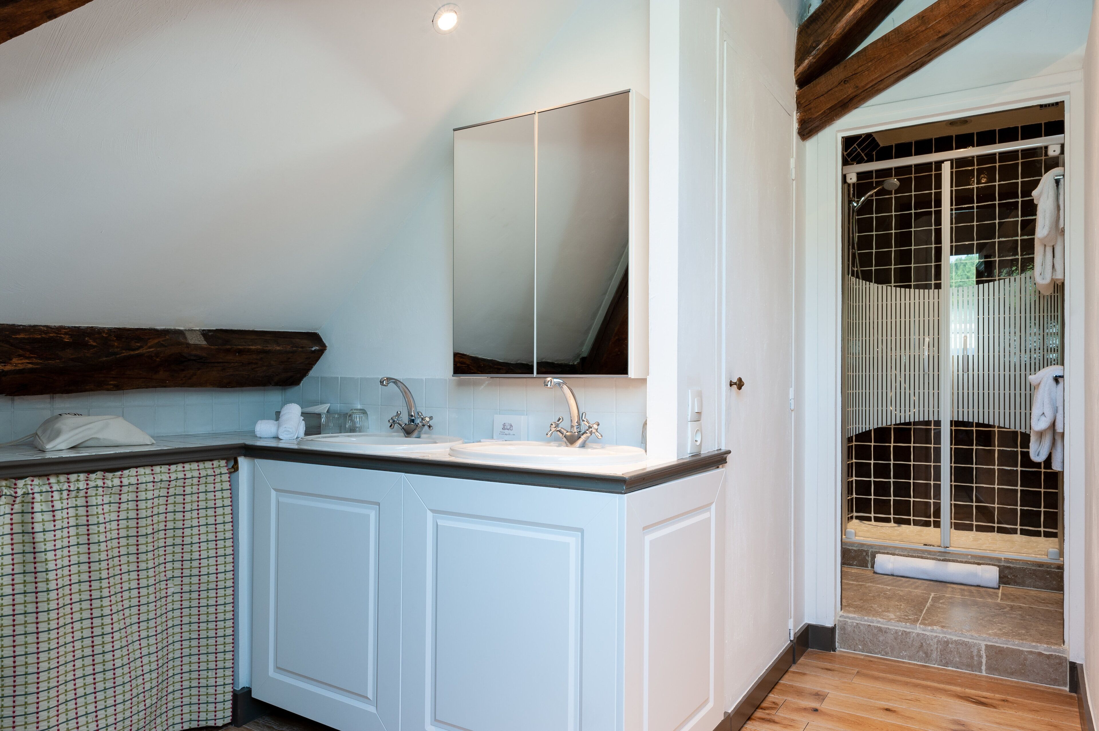 A bathroom with a sink, mirror, and shower enclosure.
