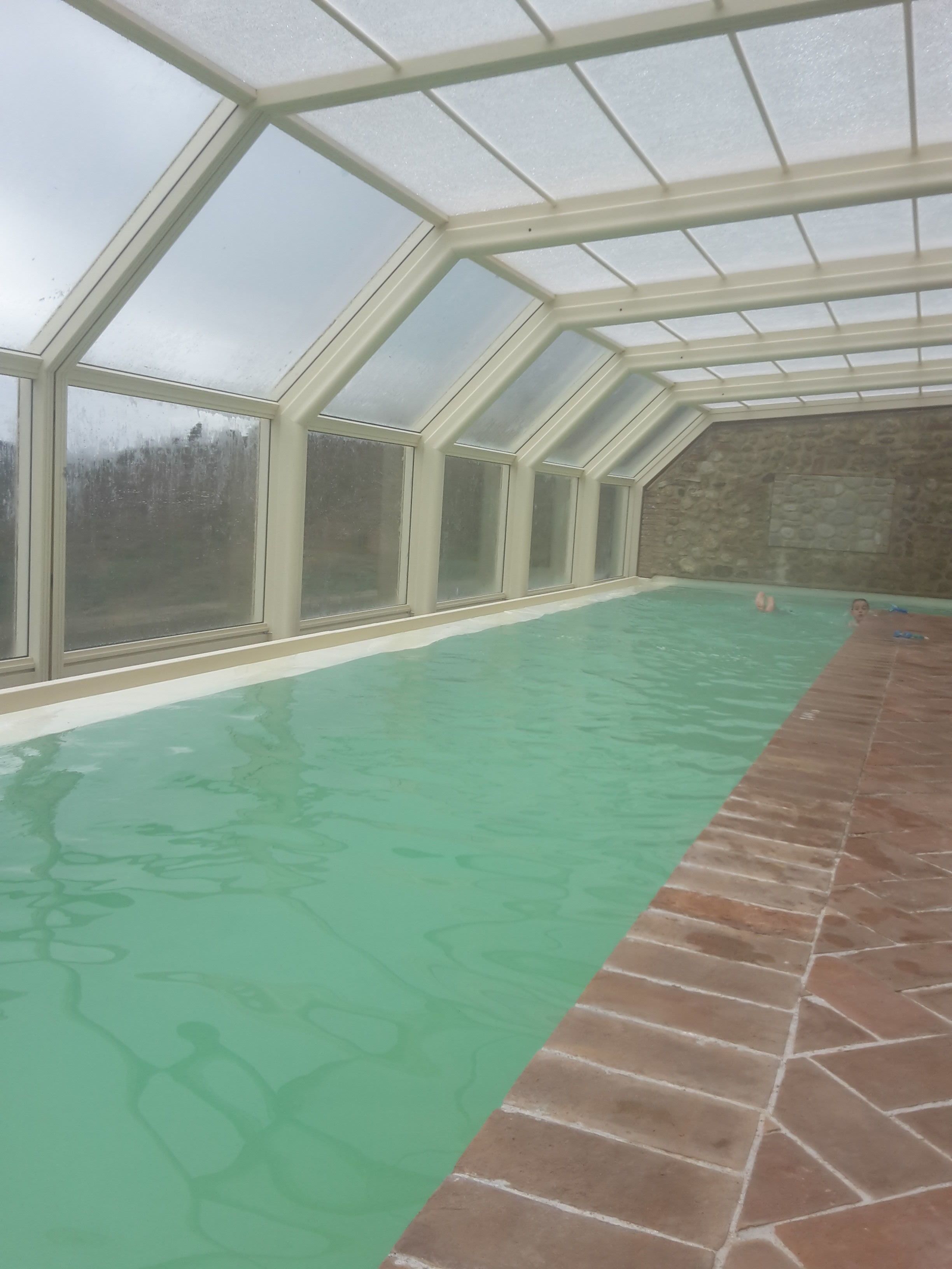 Una piscina interior con techo de cristal, paredes de piedra y suelo de baldosas.