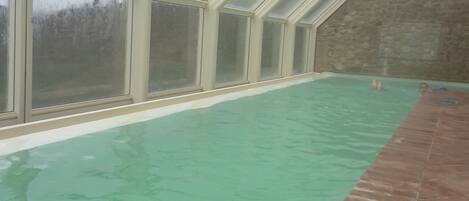 Una piscina interior con techo de cristal, paredes de piedra y suelo de baldosas.