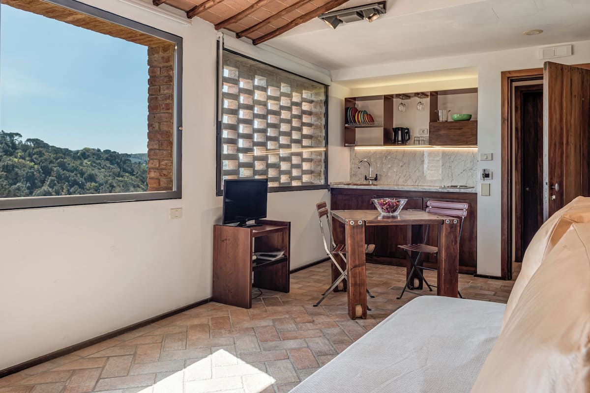 A room with a large window, a television, a dining table with chairs, a kitchen area, and a bed.