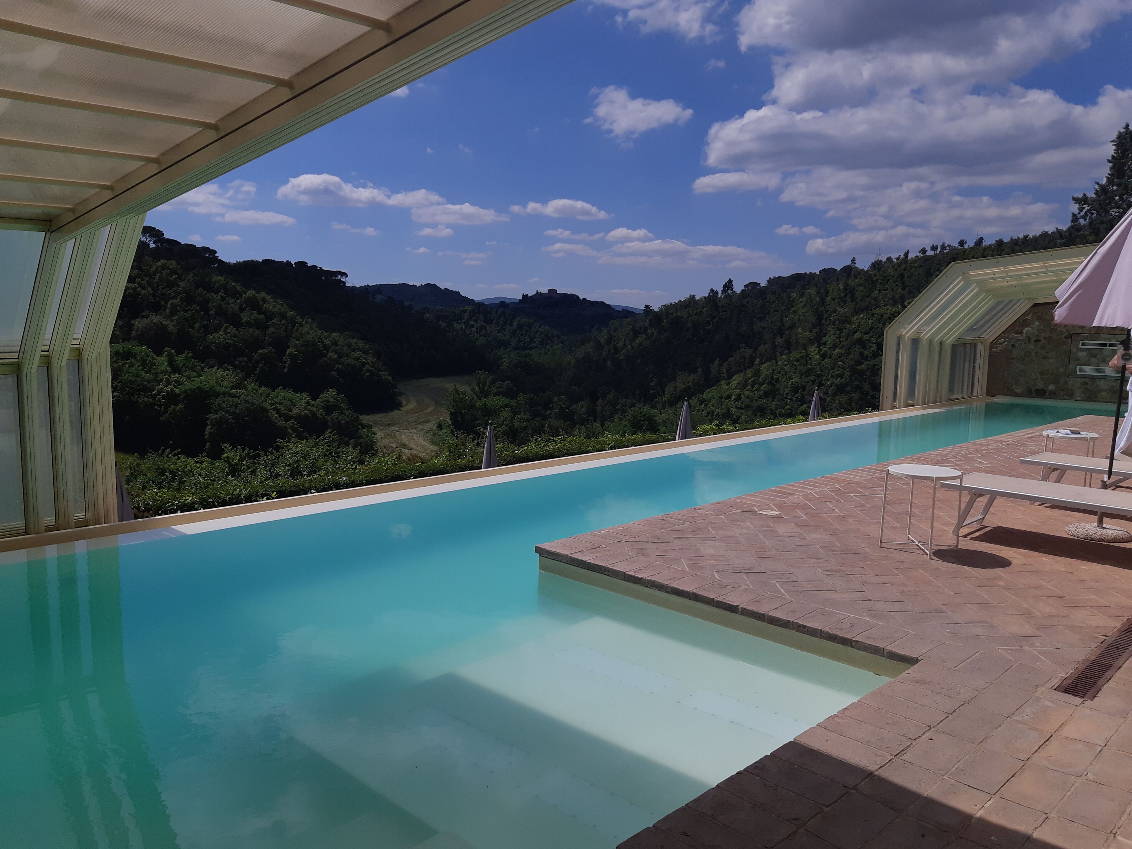 A swimming pool with a view of a forested hillside.