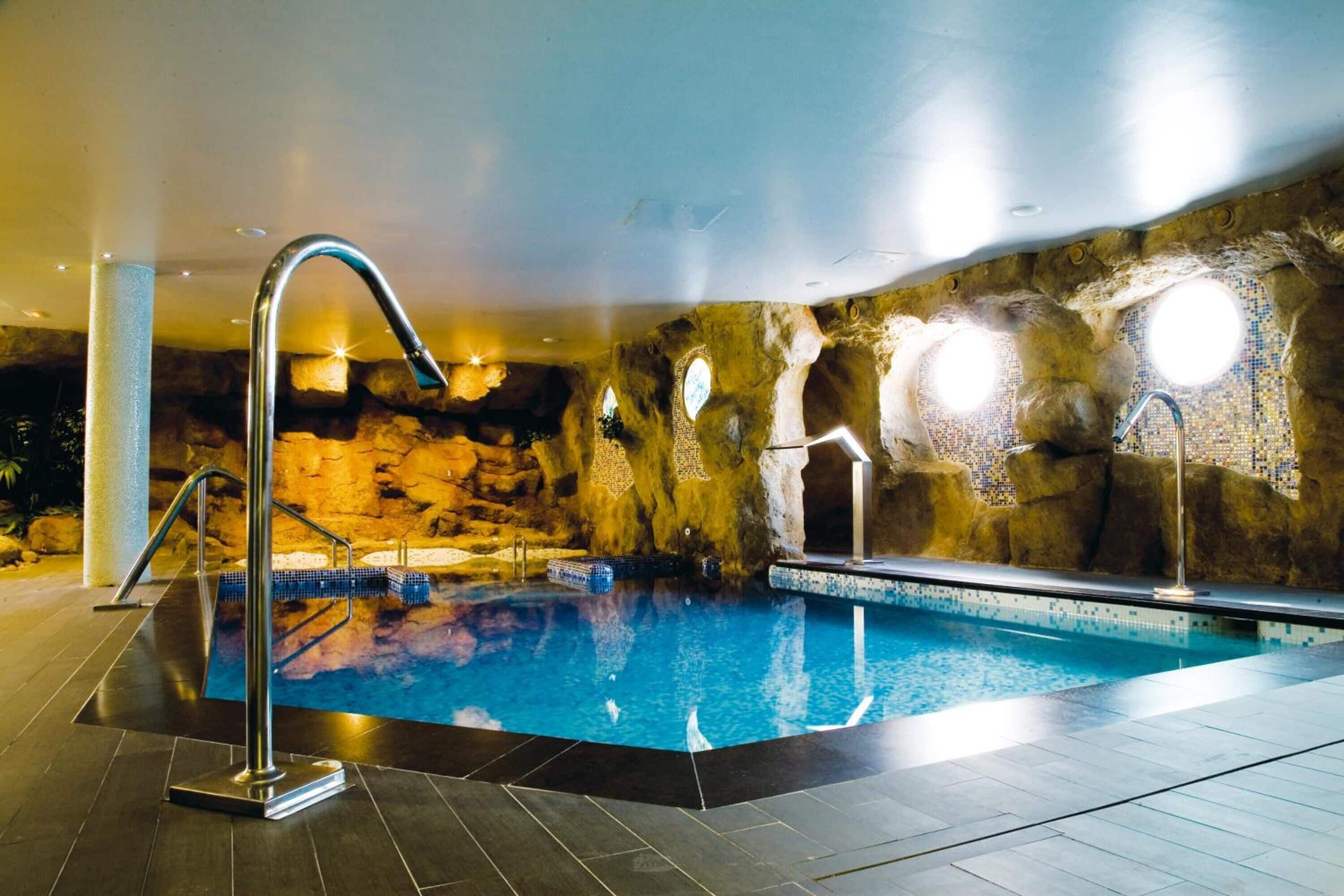 indoor pool, seasonal outdoor pool, pool loungers