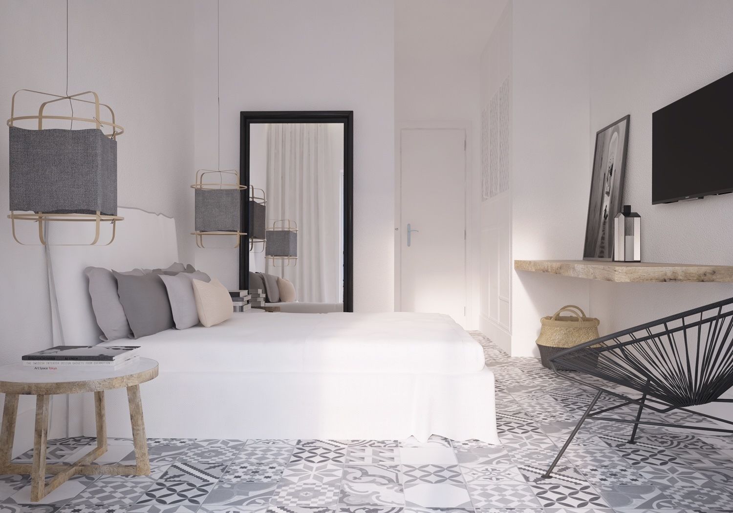 A modern bedroom with a bed, bedside tables, a chair, a mirror, and a TV on the wall.