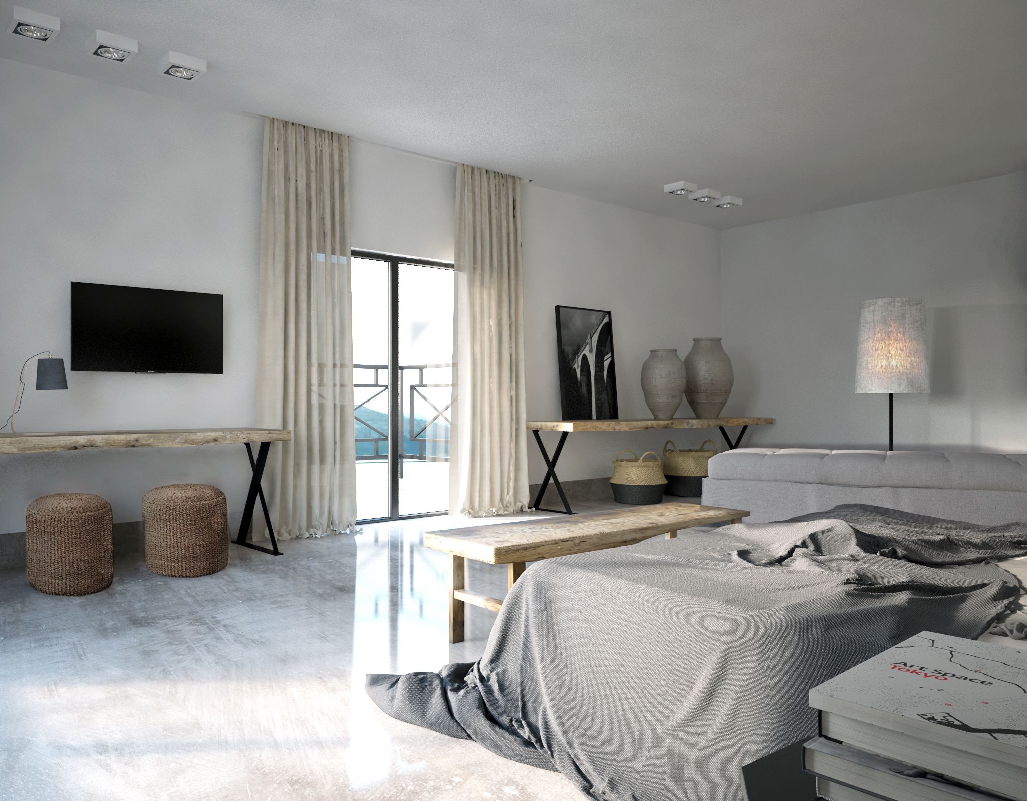 A modern hotel room with a large bed, a desk, a flat-screen TV, and a balcony with curtains.