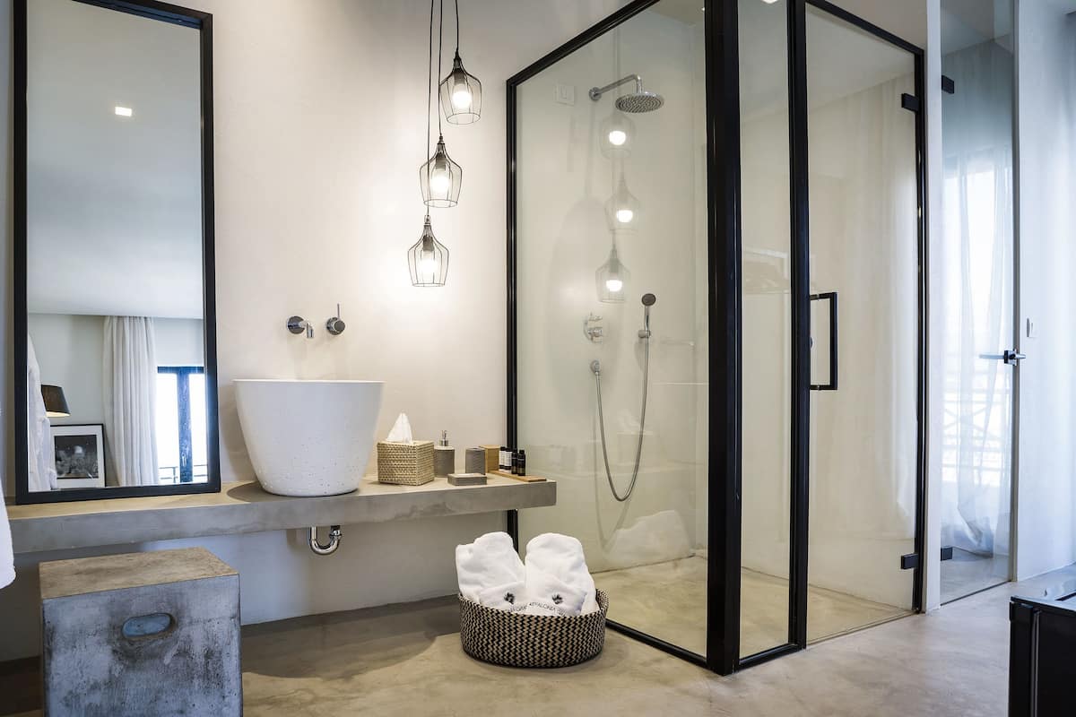 shower, designer toiletries, hair dryer, bathrobes