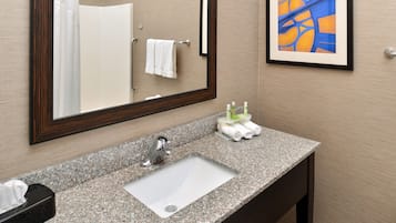 Un baño con lavamanos de granito, espejo, toallero y una obra de arte enmarcada en la pared.