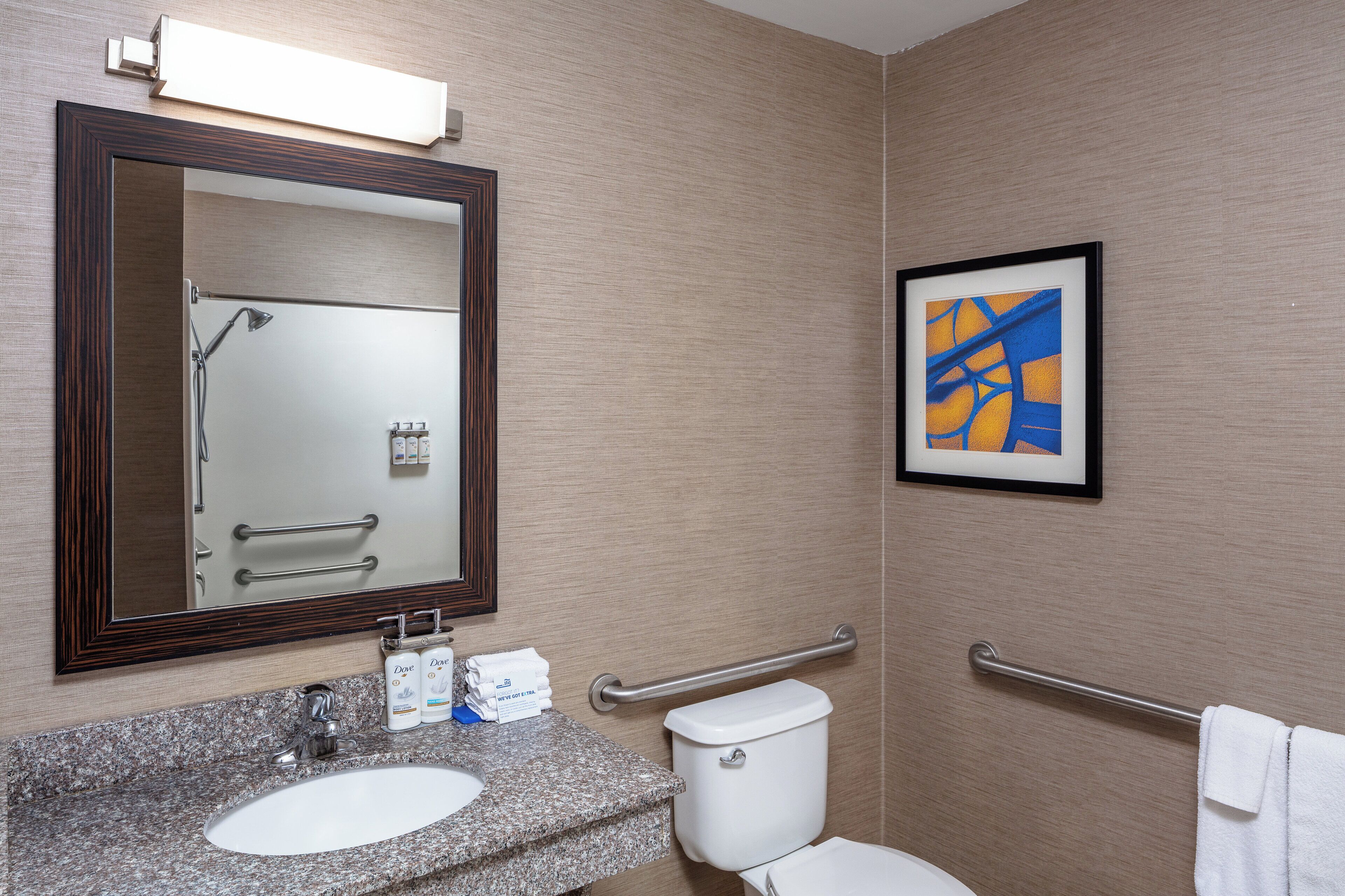 Un baño con lavamanos de granito, espejo, cuadro abstracto enmarco, inodoro y barras de apoyo.