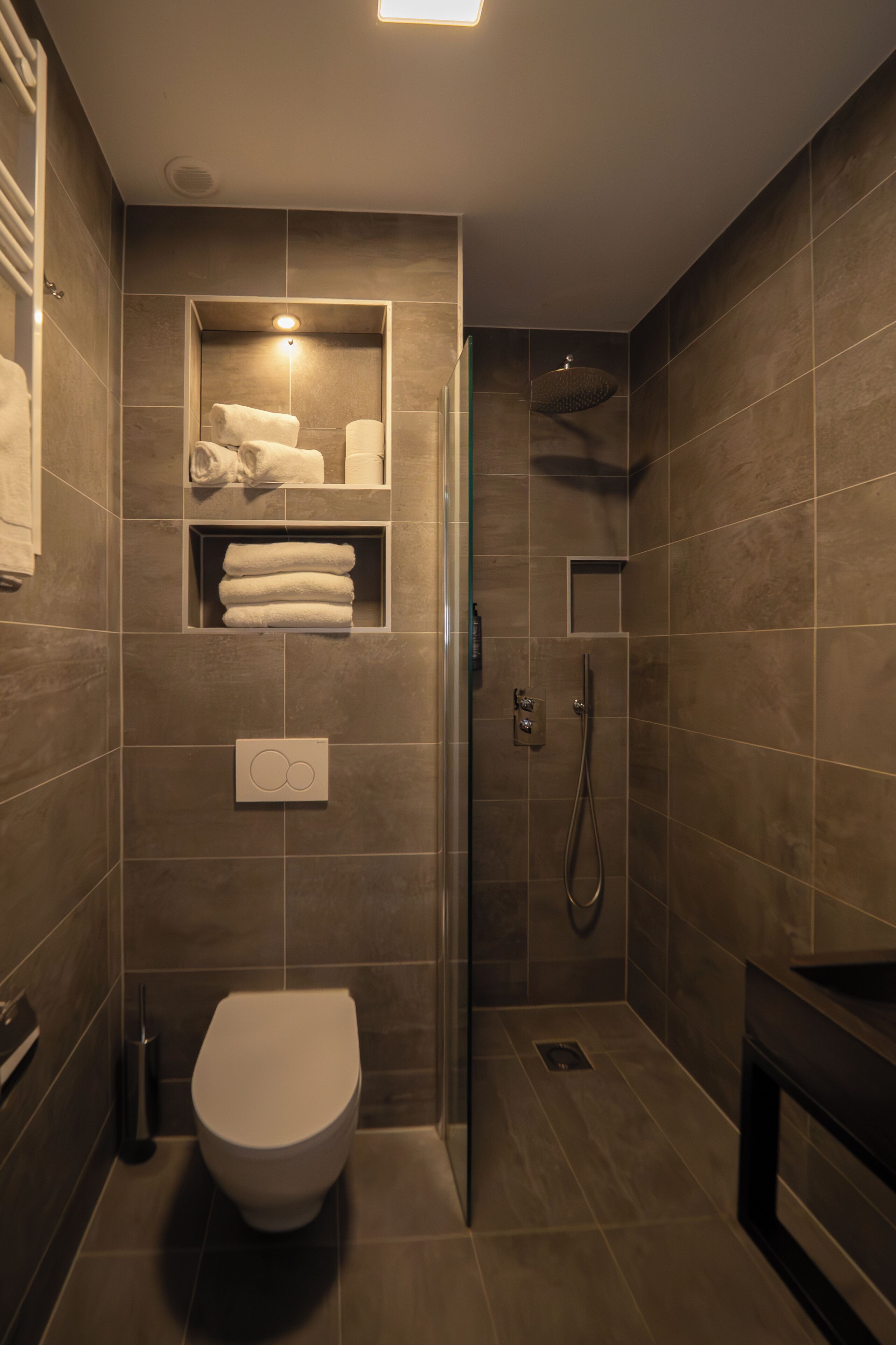 Een moderne badkamer met toilet, douche en handdoekhouder.