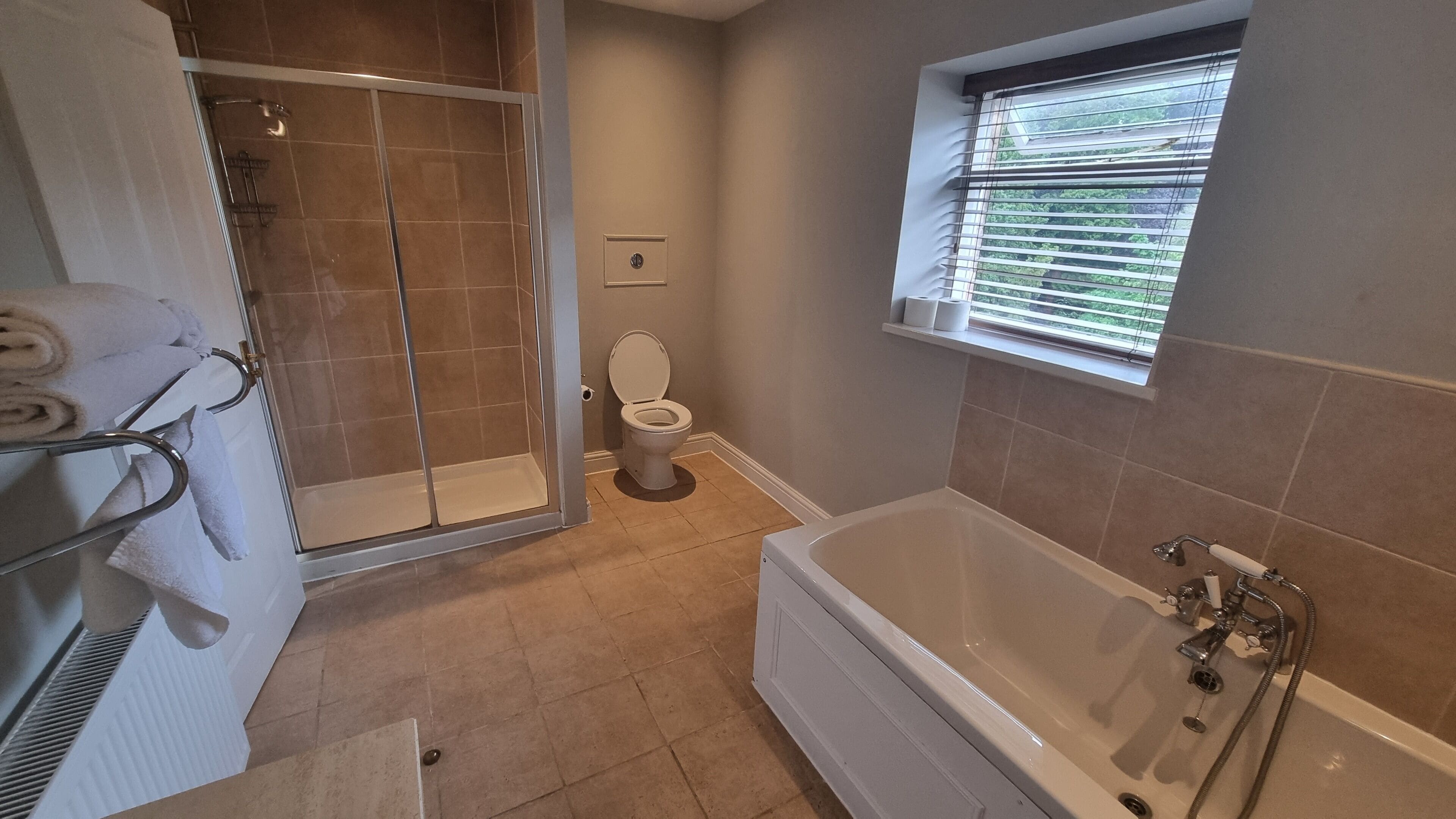Een badkamer met een inloopdouche, toilet en bad.