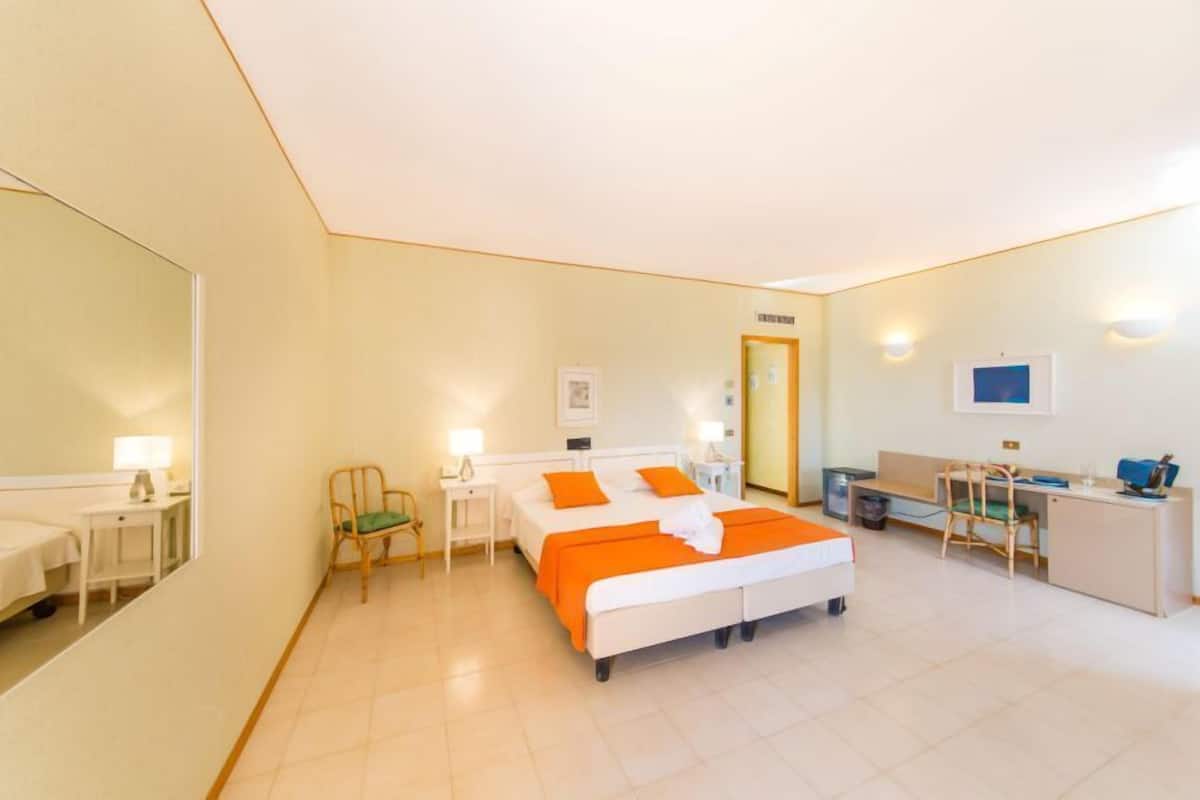 Habitación de hotel con cama, escritorio, silla y espejo.