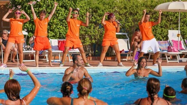 Outdoor pool, pool umbrellas, pool loungers