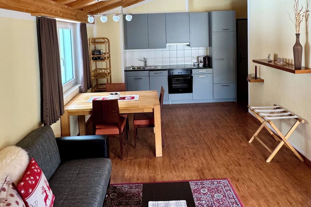 A cozy living room with a sofa, a dining table, and a kitchen area with cabinets and appliances.
