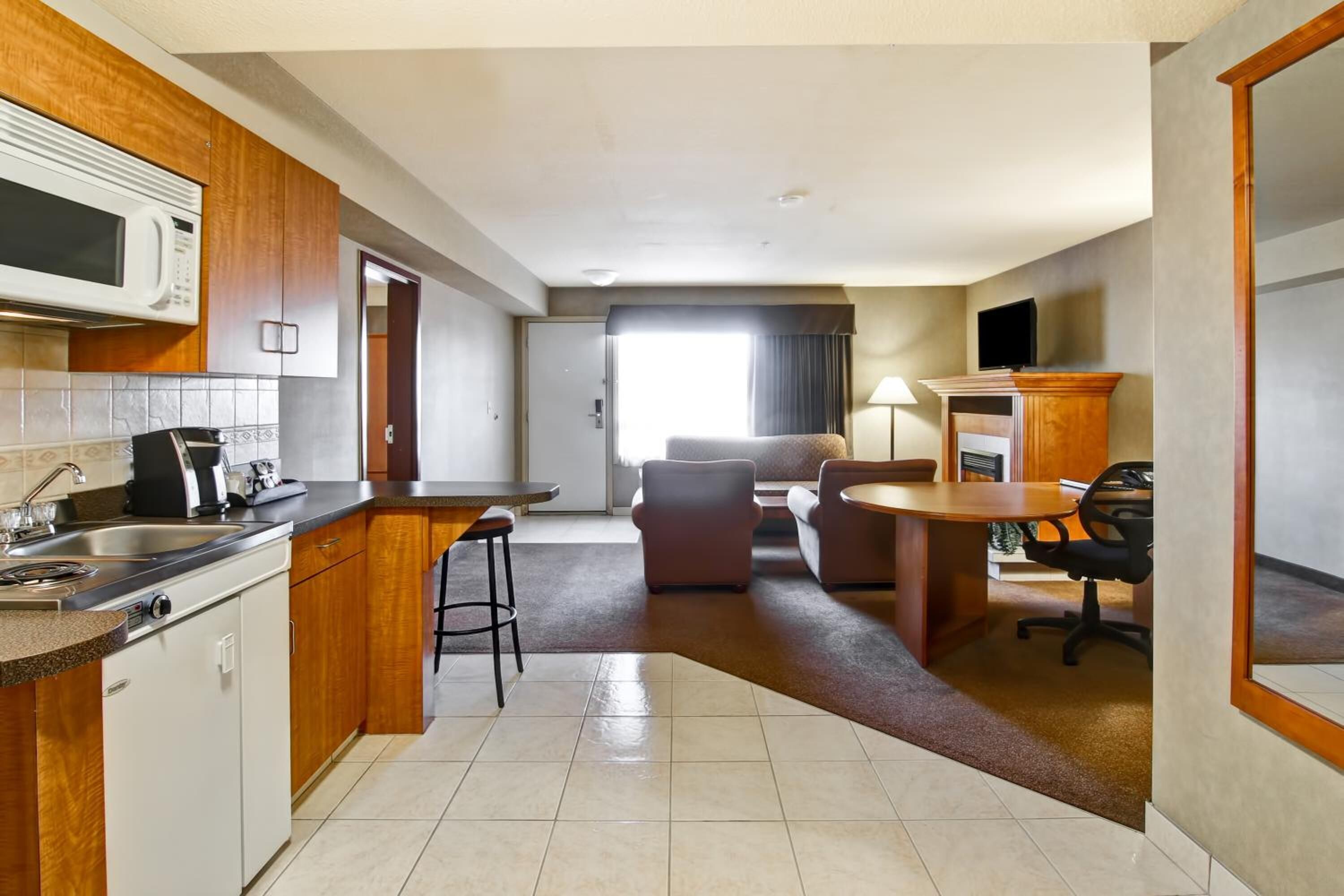 mini-fridge, microwave, coffee/tea maker