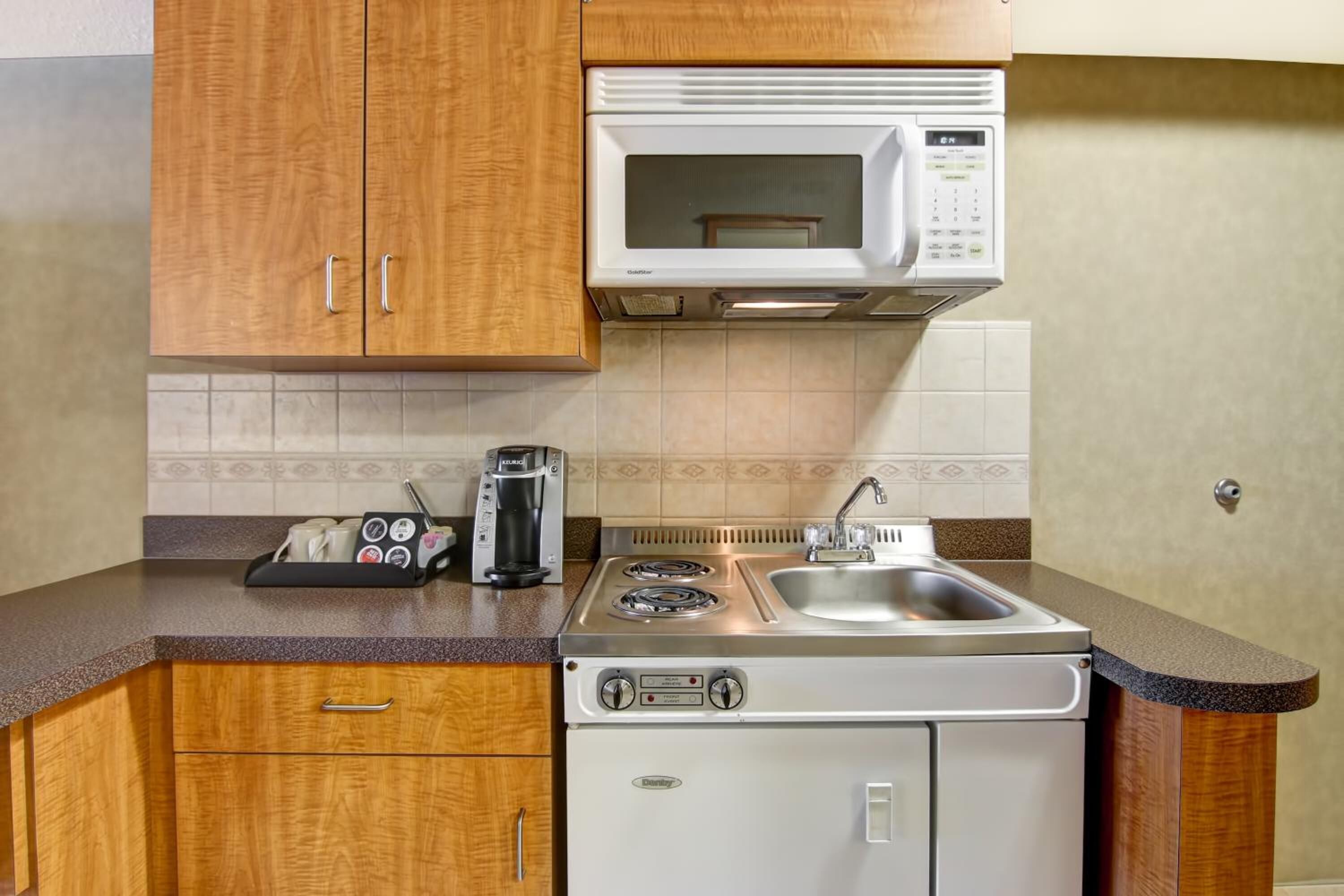 mini-fridge, microwave, coffee/tea maker