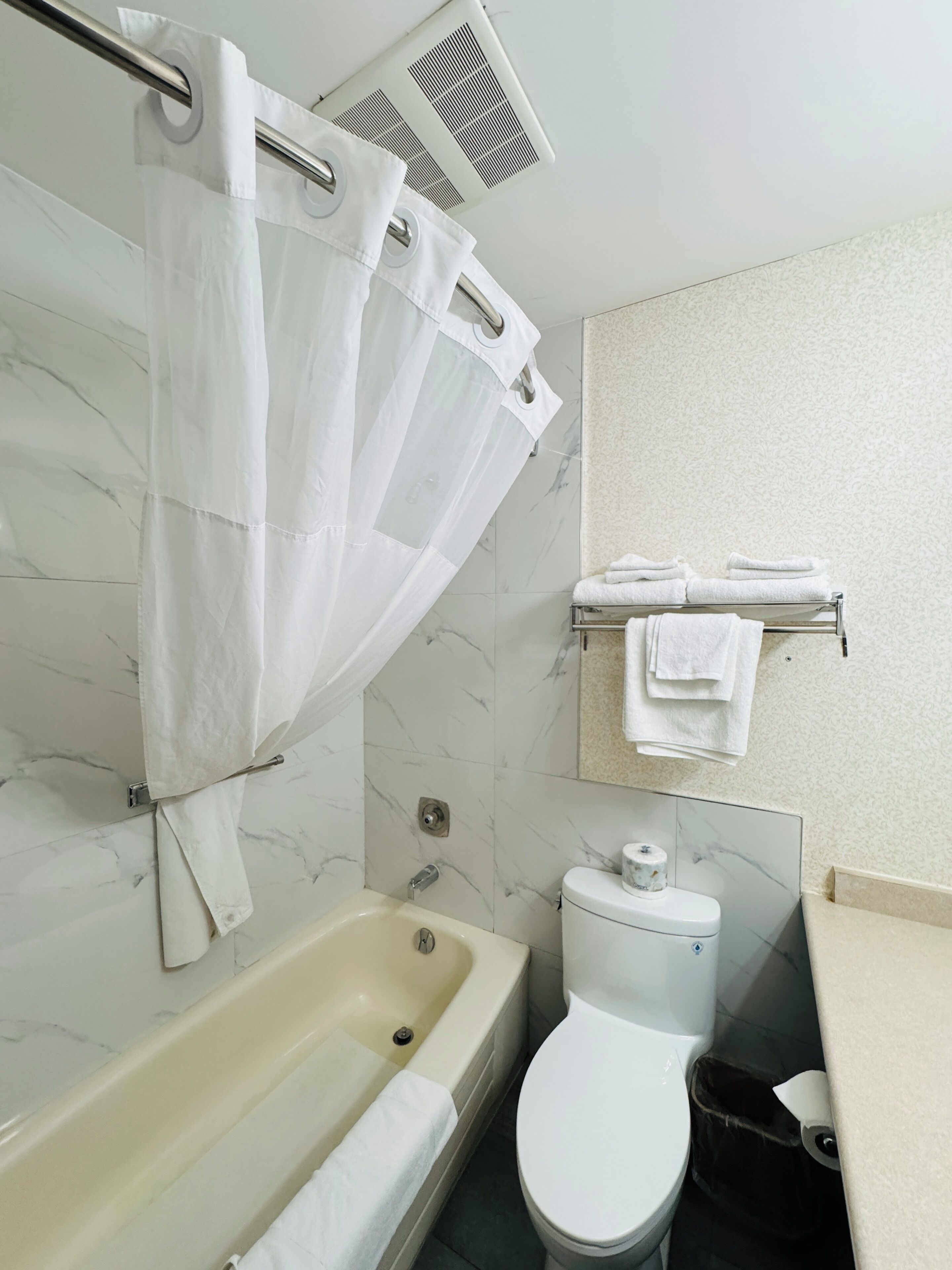 A bathroom with a bathtub, toilet, and a shower curtain.