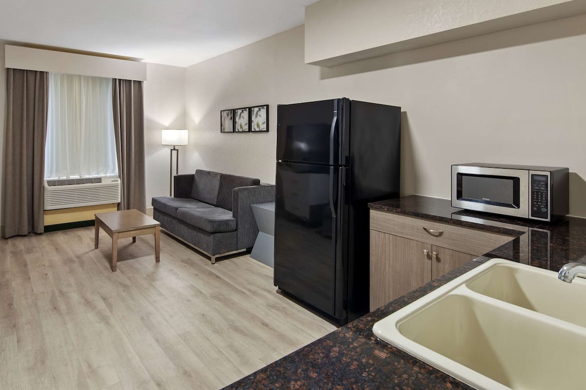 A hotel room with a sofa, a small table, a TV, a refrigerator, a microwave, and a sink.