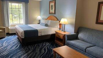 Hypo-allergenic bedding, desk, laptop workspace, blackout drapes