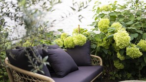 A wicker sofa with dark cushions in a garden setting. - Beverly Hills Hotel (Brussels)