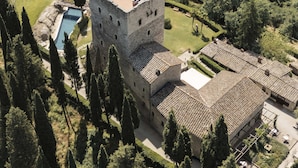 Vue aérienne d’un château doté d’une piscine, entouré d’une forêt dense et de vignobles.